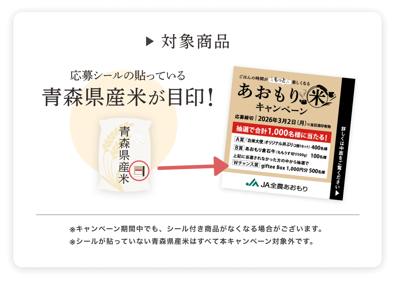 対象商品 応募シールの貼っている青森県産米が目印！